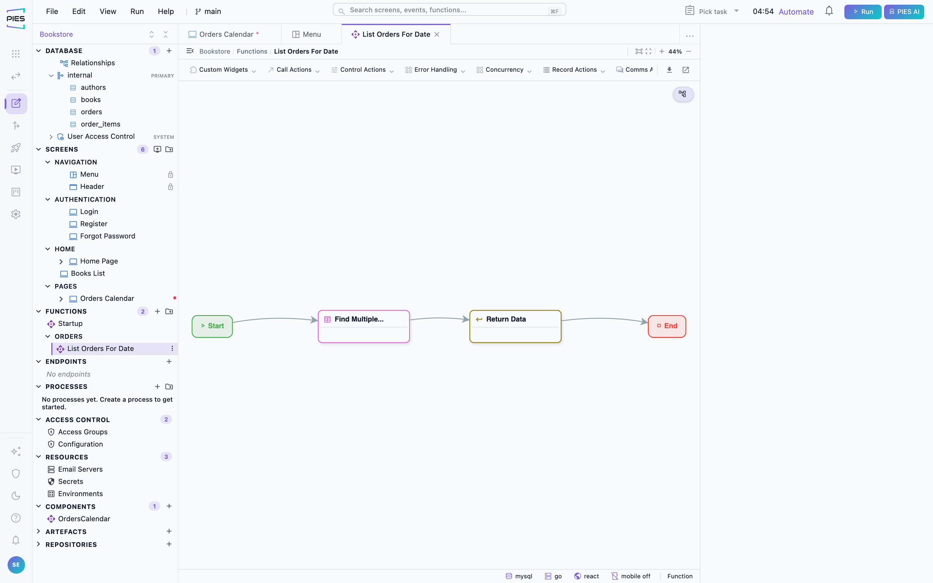 The generated read function: find records filtered by date, then return them