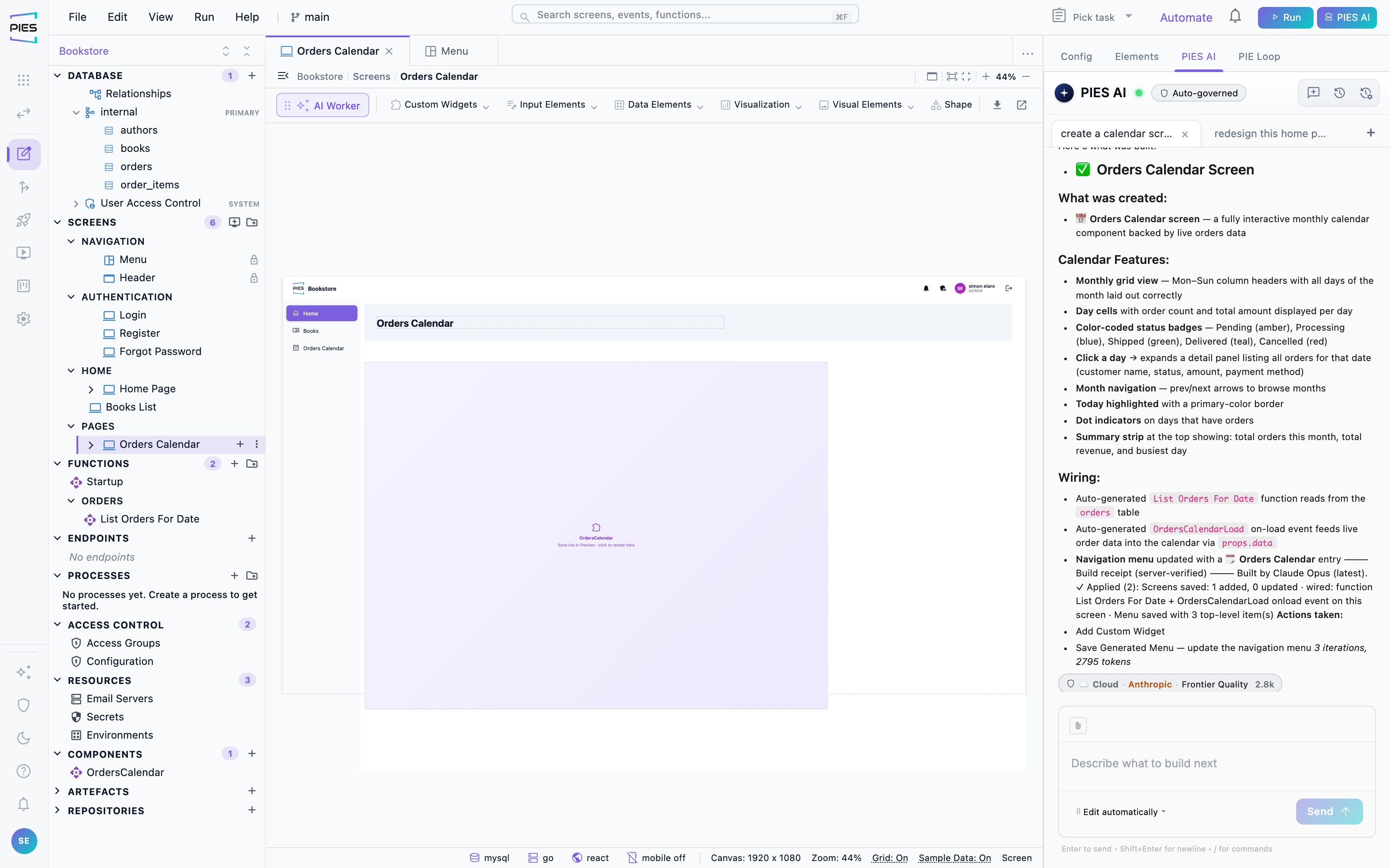 A day-schedule calendar on a PIES Studio screen