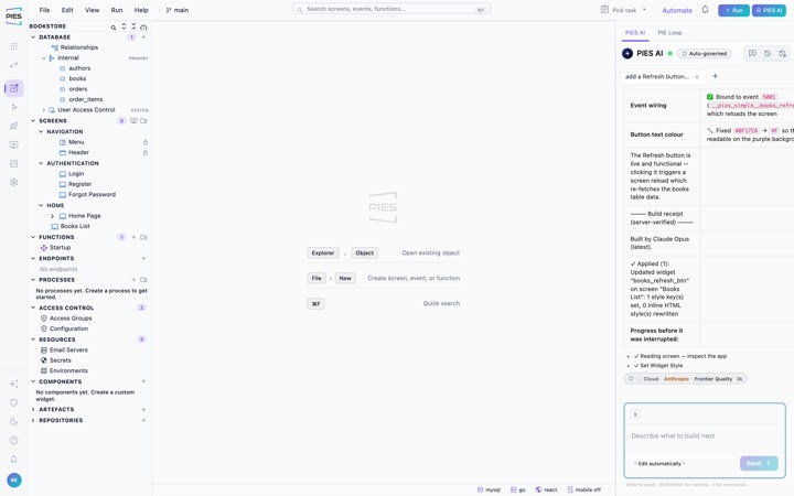The PIES Studio editor: explorer, canvas and the PIES AI panel