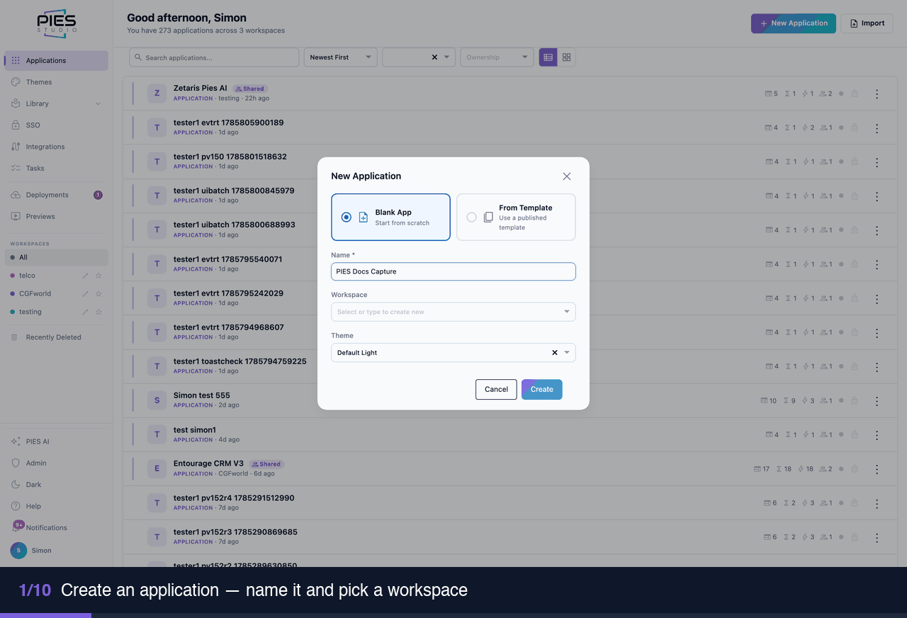 Creating an application, describing it to PIES AI, building and previewing it
