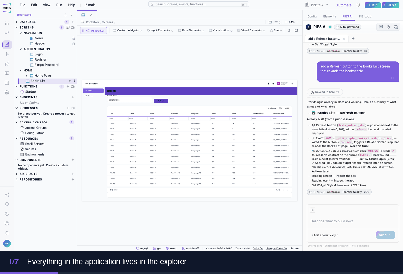 Editing a table, dragging a widget, configuring it, and wiring an event to a function